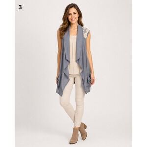 LOGO Cardigan Vest Womens XL Blue Cotton Cream Swiss Dot Lace Trim Romantic